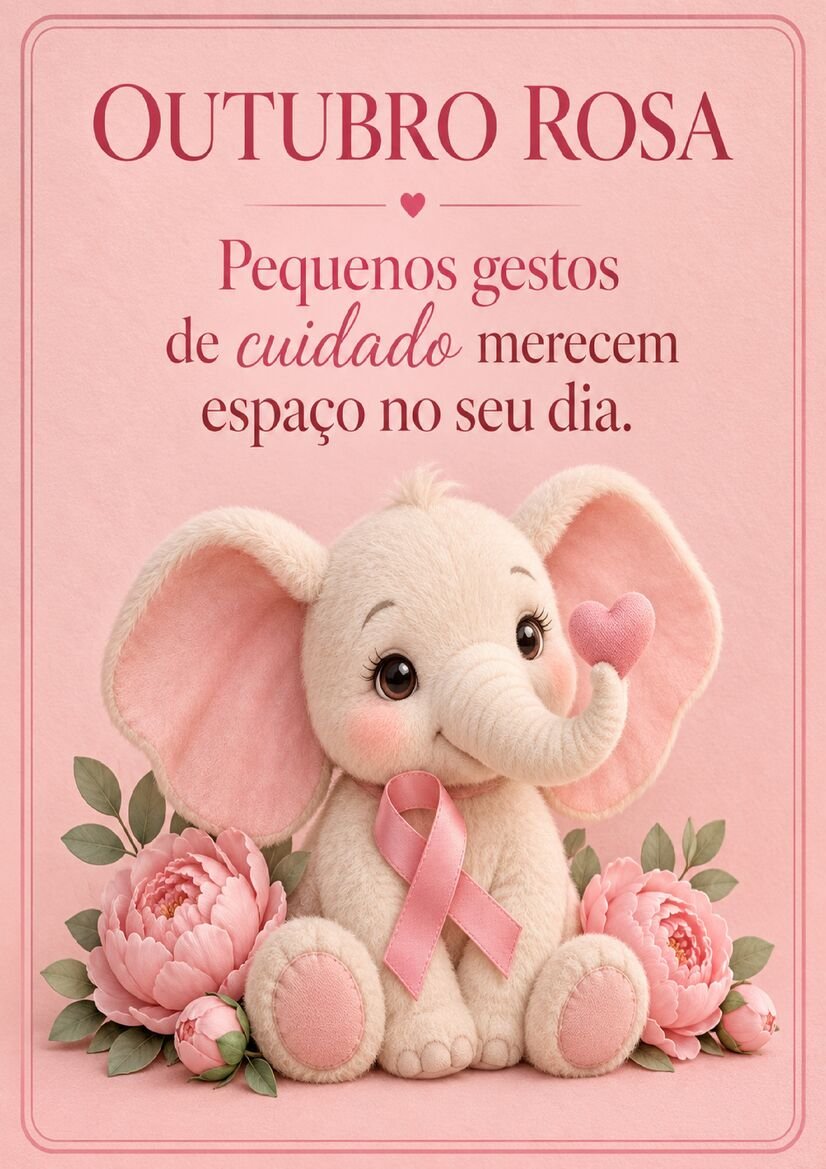 Imagem Outubro Rosa com elefantinho de pelúcia branco, orelhas rosas, flores e laço de conscientização